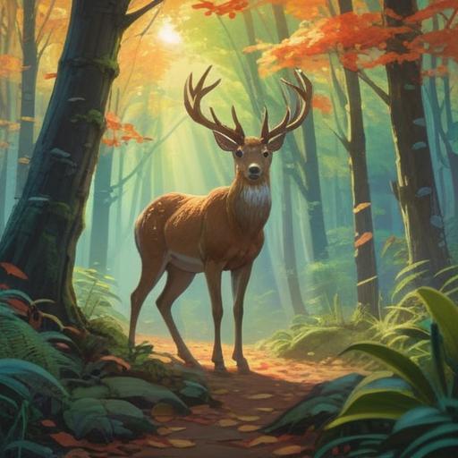 A serene forest scene, a majestic deer standing gracefully among the trees, rays of sunlight filtering through the leaves, a sense of tranquility and connection to nature, ethereal atmosphere, symbolism of spiritual awakening and guidance, vibrant greenery, soft focus on the deer, 4k