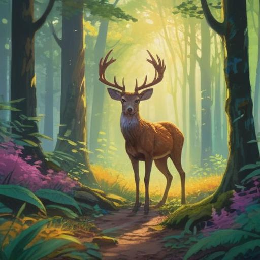 An encounter with a deer in a serene forest, beams of sunlight filtering through the trees, a sense of tranquility and connection to nature, ethereal atmosphere, symbolism of guidance and intuition, lush greenery, soft-focus background, peaceful and reflective mood, 4k