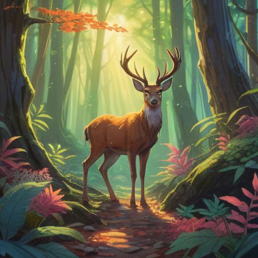 A serene forest scene featuring a deer standing gracefully among trees, soft sunlight filtering through the leaves, symbolic elements like feathers and crystals scattered on the ground, a gentle aura surrounding the deer, mystical energy in the air, signs of nature's guidance, tranquil atmosphere, 4k