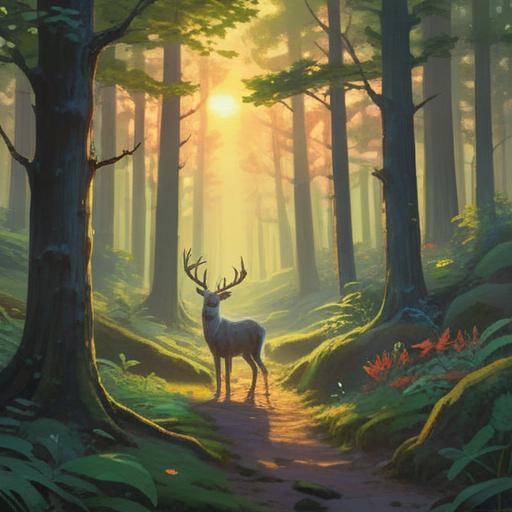A serene scene of a person encountering a deer in a forest, sunlight filtering through the trees, the deer looking curious and gentle, surrounded by vibrant greenery, the person with a look of awe and gratitude, a small stream nearby reflecting the light, peaceful ambiance, nature’s beauty, harmonious interaction, 4k