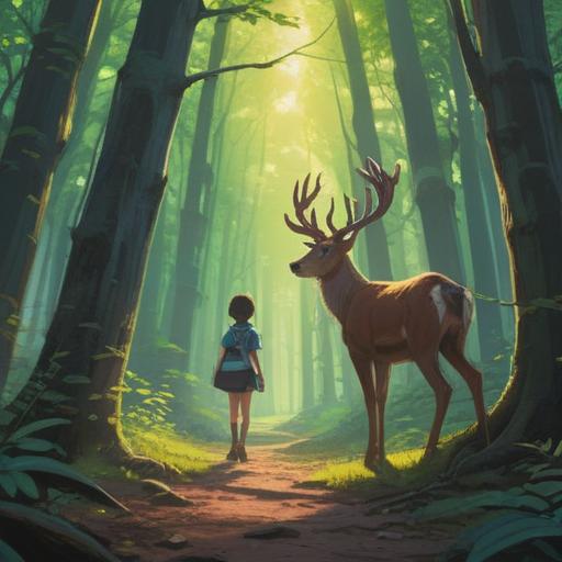 A serene forest encounter, a young person meeting a deer, soft sunlight filtering through the trees, a sense of wonder and tranquility, emotional connection with nature, symbolism of growth and transformation, peaceful expression, harmonious atmosphere, vibrant greenery, gentle wildlife interaction, 4k
