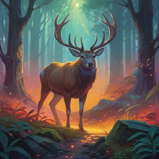 A serene forest scene, a majestic stag with large antlers, surrounded by ethereal light, symbolizing strength and spirituality, soft beams of sunlight filtering through the trees, tranquil atmosphere, detailed foliage, a sense of connection to nature, mystical aura, harmonious colors, 4k