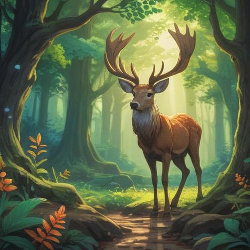 A serene landscape featuring a majestic deer with antlers adorned in lush foliage, symbolizing spiritual guidance, gentle sunlight filtering through trees, a tranquil river reflecting light, vibrant wildflowers in the foreground, an ethereal aura surrounding the deer, harmonious nature elements, calm and uplifting atmosphere, 4k
