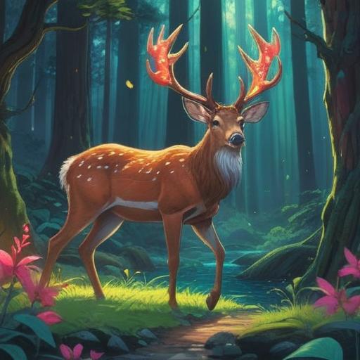 A serene forest scene, a majestic deer with magnificent antlers, ethereal light filtering through the trees, symbols of spiritual awakening, vibrant nature, tranquil atmosphere, a sense of connection to the universe, peaceful and guiding presence, rich details, harmonious color palette