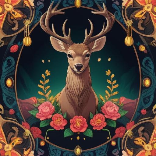 A serene illustration of a deer with majestic antlers, surrounded by various lucky charms and symbols of good fortune, soft natural colors, gentle sunlight filtering through the trees, mythical forest setting, enchanting atmosphere, intricate details on the antlers and charms, harmonious blend of nature and magic, 4k
