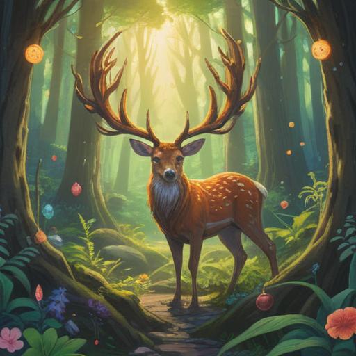 A serene forest scene with a majestic deer, large antlers glistening in the sunlight, surrounded by vibrant flora and sparkling energy orbs, ethereal light emanating from the antlers, symbolizing good fortune and positive energy, peaceful atmosphere, detailed wildlife elements, dynamic composition, 4k