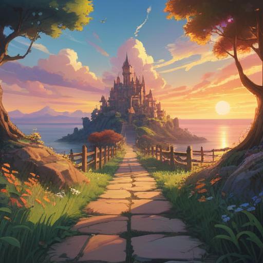 A serene landscape depicting a pathway leading into a gentle sunset, symbolizing letting go and new beginnings, ethereal light illuminating the path, mystical aura surrounding the scene, lush greenery on both sides, soft rays of sunlight filtering through the trees, peaceful ambiance, spiritual symbolism of transition and release, 4k