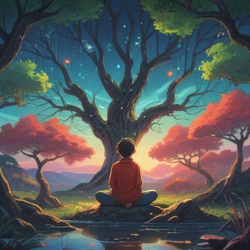 A serene and mystical landscape, depicting a person meditating under a shimmering tree, vibrant energy flowing around them, symbols of spiritual signs in the air, soft light illuminating their peaceful expression, harmonious connection with nature, a sense of awakening and inner peace, 4k