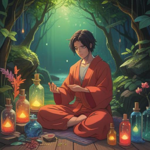 A soothing, calming scene depicting a person meditating in a tranquil setting, surrounded by beautiful healing oils in elegant bottles, soft light filtering through leaves, gentle colors, a sense of peace and self-discovery, nature-inspired elements, aromatic herbs and flowers, serene facial expression, harmonious energy, 4k