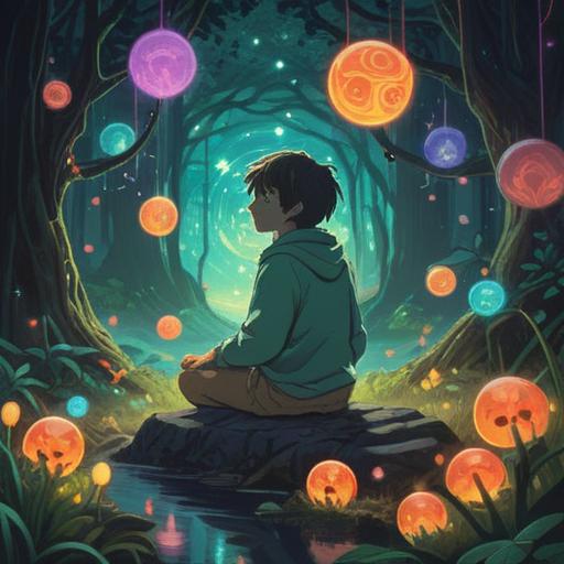 A serene scene depicting a person in deep contemplation, surrounded by glowing orbs of light representing spiritual signs, a tranquil natural setting with trees and a calm stream, soft sunlight filtering through leaves, ethereal atmosphere, reflective mood, vibrant colors, 4k
