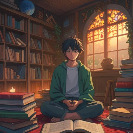 A vibrant and inspiring scene of a person meditating in a serene environment, surrounded by symbols of self-improvement like books, a journal, and a mirror, glowing lucky charms hanging nearby, soft sunlight filtering through the trees, peaceful atmosphere, reflecting growth and positivity, 4k