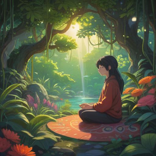 A serene scene of a person meditating in a tranquil garden, surrounded by vibrant flowers and lush greenery, sunlight filtering through the leaves, a gentle breeze, reflecting a sense of inner peace and self-improvement, uplifting energy emanating from the character, a journal and a cup of herbal tea nearby, symbolizing self-care practices, harmonious colors, calming atmosphere, 4k