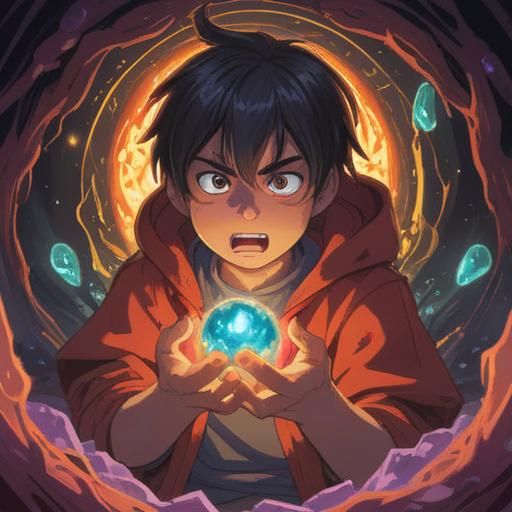 A person holding a glowing lucky stone, surrounded by chaotic energy, expressive facial expressions showing frustration and confusion, contrasting with the bright aura of the stone, a bustling city background depicting social disconnection, dynamic composition, vivid colors, 4k