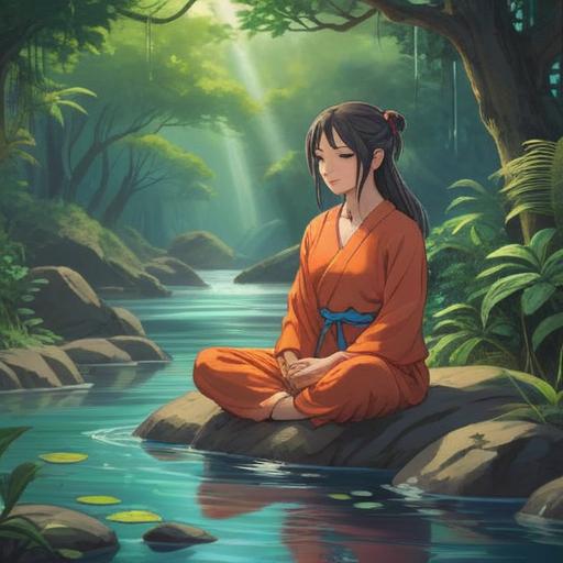 A serene scene depicting self-alignment and spiritual growth, a person meditating in a tranquil nature setting, surrounded by gentle flowing water and lush greenery, sunlight filtering through the trees, embodying peace and mindfulness, ethereal energy surrounding the figure, reflective water surface mirroring serene expressions, harmonious balance, 4k