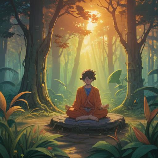 A serene scene depicting a person in meditation, surrounded by nature, soft sunlight filtering through trees, symbols of spiritual signs like feathers and crystals nearby, a feeling of inner balance and harmony, peaceful expression, calm atmosphere, rich colors, high detail