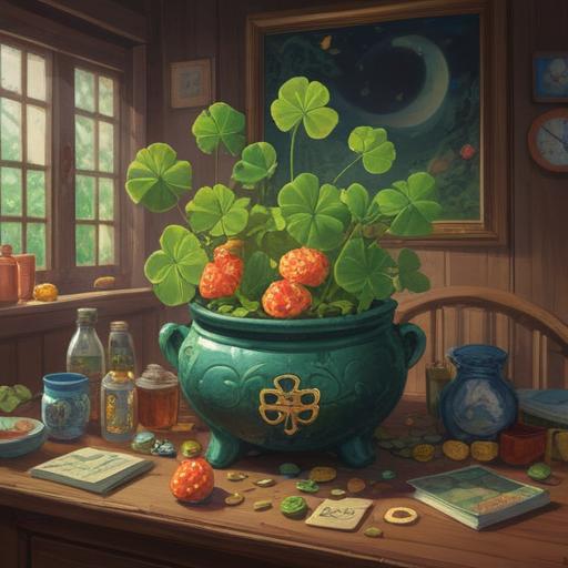 A vibrant still life composition featuring various lucky items, colorful and cheerful elements like a four-leaf clover, a horseshoe, a lucky cat, and a fortune cookie, arranged on a wooden table, warm sunlight streaming through a window, creating a joyful and optimistic atmosphere, high detail, 4k