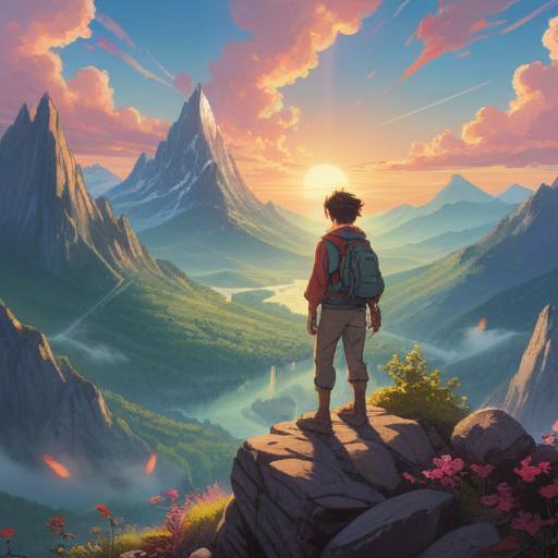 A serene and enlightening scene of a person standing on a mountain peak, surrounded by radiant light, symbolic of spiritual growth, an ethereal figure representing a mentor or guide emerging from the light, lush greenery in the background, a vibrant sky at dawn, representing new beginnings, a sense of peace and fulfillment, inspirational atmosphere, 4k