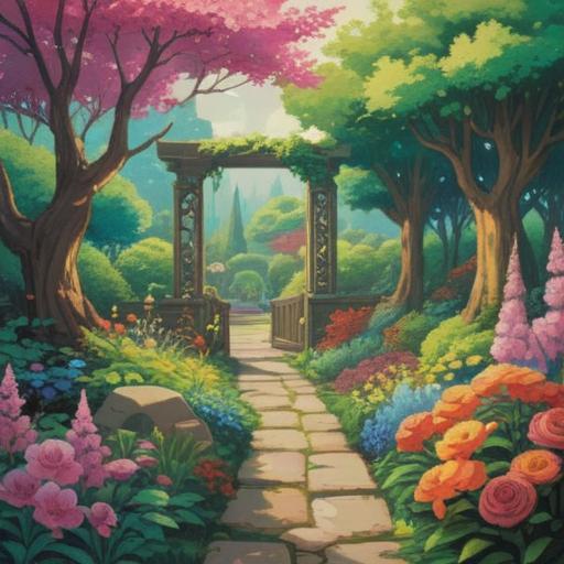 A serene and inspiring scene depicting personal growth, a winding path through a beautiful garden, blossoming flowers symbolizing new beginnings, a person walking thoughtfully, soft sunlight filtering through the leaves, gentle butterflies fluttering around, vibrant colors, harmonious atmosphere, 4k