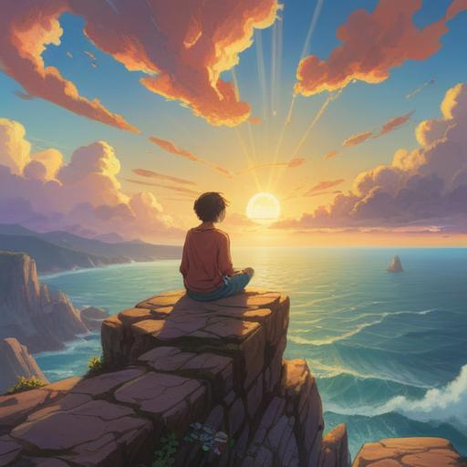 A serene and contemplative scene, a person meditating on a cliff overlooking the ocean, soft rays of sunlight breaking through the clouds, symbols of spiritual awakening around them, a tranquil expression, nature in harmony, reflection and self-discovery, vibrant colors, 4k