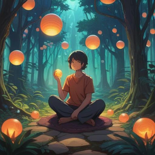 A serene and introspective scene, a person meditating in a peaceful natural setting, surrounded by glowing orbs of light symbolizing spiritual signs, soft rays of sunlight filtering through trees, tranquil water reflecting the sky, thoughtful expression conveying self-reflection, vibrant colors, harmonious composition, ethereal atmosphere, 4k