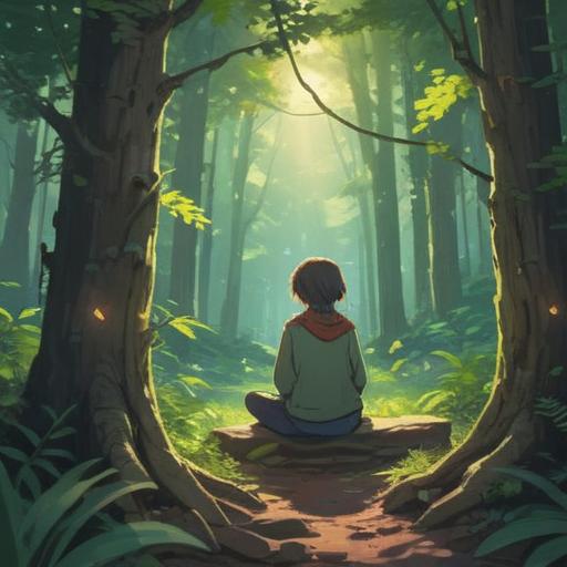 A serene and introspective scene, a person sitting in a quiet forest clearing, surrounded by nature, soft sunlight filtering through the trees, a notebook and a pen in their hands, reflective expression, conveying a sense of self-discovery, lush greenery, calming atmosphere, exploring personal thoughts, 4k