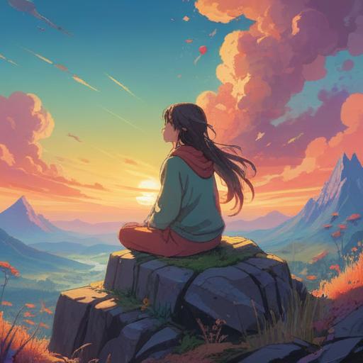 A serene landscape depicting a person meditating on a mountaintop, surrounded by colorful spirits symbolizing freedom, soft light illuminating the scene, tranquil atmosphere, deep connection to nature, vibrant energy, representation of self-discovery, expansive sky, 4k