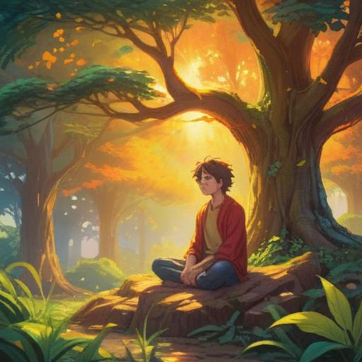 A serene and uplifting scene depicting spiritual liberation, a person meditating under a radiant tree, golden light filtering through the leaves, vibrant energy swirling around, symbols of peace and enlightenment in the surroundings, a gentle breeze carrying colorful petals, harmonious atmosphere, 4k