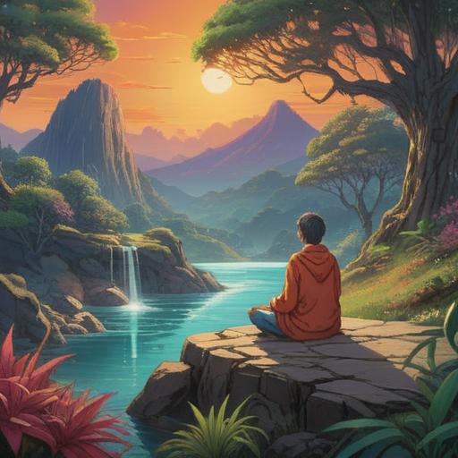 A serene landscape depicting a tranquil journey of self-discovery, spiritual symbols gently glowing in the surroundings, a person meditating by a peaceful stream, nature flourishing around, subtle signs of energy flow, soft light illuminating the path ahead, harmonious connection between mind and spirit, 4k
