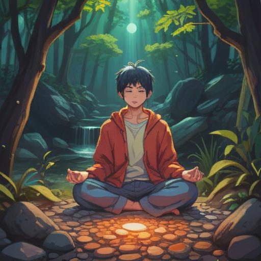 A vibrant and mystical illustration of a person meditating in a serene natural environment, surrounded by glowing lucky stones, each radiating various colors, symbolic representation of spiritual growth and liberation, soft light filtering through trees, ethereal atmosphere, detailed textures on stones and foliage, calming serenity, 4k