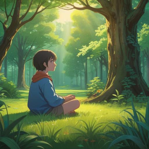 A serene scene of meditation in a tranquil nature setting, soft sunlight filtering through trees, a person sitting cross-legged on a grassy hillside, surrounded by colorful wildflowers, gentle breeze creating a sense of calm, ethereal light representing spiritual growth, harmonious connection with nature, soft focus background, peaceful atmosphere, vibrant colors, radiant energy enveloping the figure, 4k