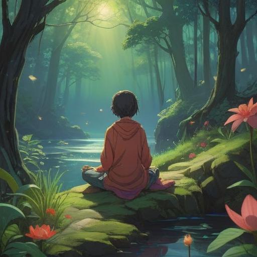 A serene and introspective scene depicting self-first spirituality, a tranquil figure meditating in nature, surrounded by ethereal light and vibrant energy, lush greenery and soft flowers, a peaceful river flowing nearby, a sense of inner peace and self-discovery, harmonious colors, dreamy atmosphere, 4k