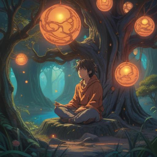 A serene and introspective scene depicting a person meditating under a large, ancient tree, glowing ethereal orbs surrounding them, subtle light rays breaking through the branches, peaceful expression, symbols of intuition and mindfulness in the air, soft twilight colors, spiritual presence, nature's harmony, 4k