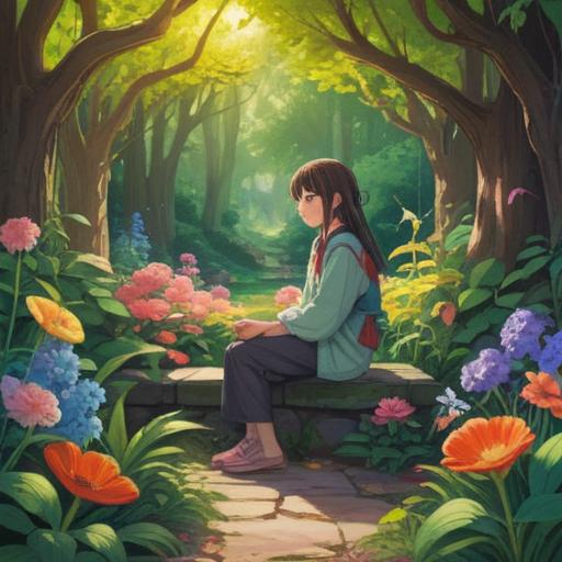 A serene and introspective scene, a person sitting in a tranquil garden surrounded by blooming flowers, soft sunlight filtering through the leaves, gentle breeze, a journal open beside them, deep in thought and reflection, symbols of self-care like candles and tea nearby, a sense of peace and rejuvenation, harmonious colors, soothing atmosphere, 4k