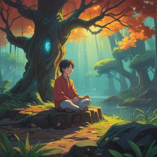 A serene and introspective scene depicting a person meditating under a sacred tree, ethereal light filtering through the leaves, symbols of different spiritual roles floating around, gentle winds creating a tranquil atmosphere, deep connection to nature, a sense of purpose and belonging, 4k