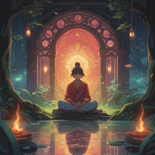 A serene and enlightening scene, a person in meditation surrounded by ethereal light, symbolic representations of guidance and purpose, soft warm colors illuminating their expression, elements of nature like trees and water reflecting tranquility, spiritual symbols gently floating around, conveying a sense of peace and clarity, harmonious atmosphere, 4k