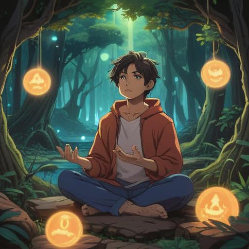 A serene and contemplative scene depicting various spiritual signs and symbols, a person meditating in nature, surrounded by glowing orbs representing intuition and guidance, ethereal light filtering through trees, a calm expression reflecting self-awareness, harmonious colors creating a tranquil atmosphere, detailed elements like feathers and crystals signifying messages, a gentle breeze creating movement in the leaves, 4k