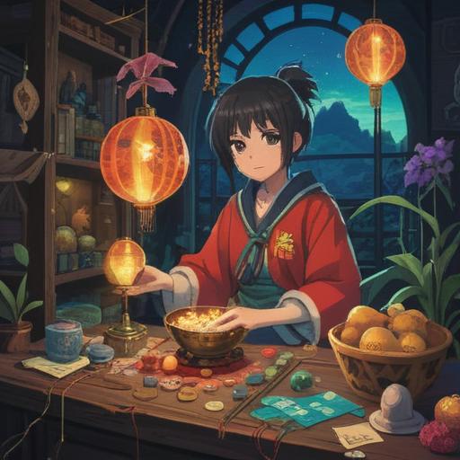 A magical scene depicting a character discovering their lucky item, surrounded by glimmering symbols of fortune, vibrant colors, enchanting atmosphere, the character exhibiting joy and curiosity, intricate details on the lucky item, mystical lighting, motivational and uplifting vibe, 4k