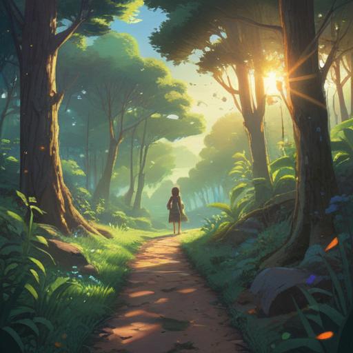A serene and inspiring illustration of a person standing at a crossroads in a beautiful landscape, sunlight filtering through trees, a winding path symbolizing life choices, directional signs highlighting various purposes like love, adventure, knowledge, and peace, calm and reflective atmosphere, vibrant colors, depth in foreground and background, emotional and thoughtful expression, 4k
