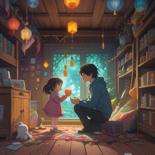 A heartwarming scene depicting a parent and child sharing a moment of joy, vibrant lucky charm items surrounding them, colors symbolizing positivity and hope, joyful expressions on their faces, a cozy home setting in the background, soft lighting enhancing the emotional atmosphere, bonding through shared experiences, 4k