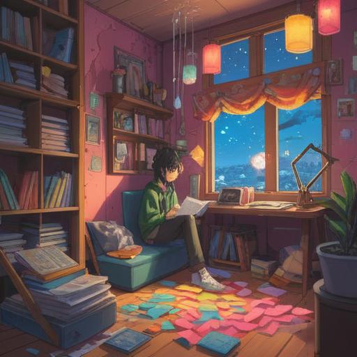 A serene scene of a person sitting in a cozy room, surrounded by colorful sticky notes on a wall, each with unique and surprising ideas written on them, natural light streaming through a window, inviting atmosphere, a small desk with open notebooks, a thoughtful expression on the person's face, emphasizes clarity and inspiration, mental organization, vibrant and uplifting, 4k