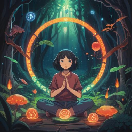 A serene illustration depicting an individual in a meditative pose surrounded by vibrant energy, glowing light symbols representing personal growth, an aura of harmony and balance, symbolic elements like lotus flowers and mandalas, a tranquil nature background, a sense of enlightenment and inner peace, positive spiritual vibes, 4k