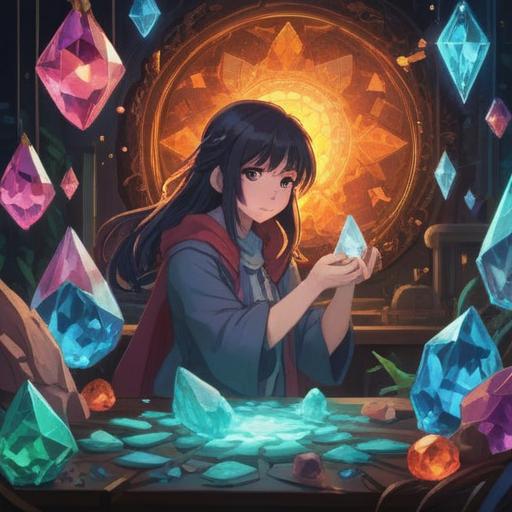 A serene scene of a person choosing a lucky crystal, vibrant colors, various crystals glimmering under soft light, each with unique patterns and textures, surrounded by a peaceful nature setting, symbolic representations of positive energy and good fortune, intricate details of the crystals' reflections, calm and uplifting atmosphere, spiritual essence, 4k