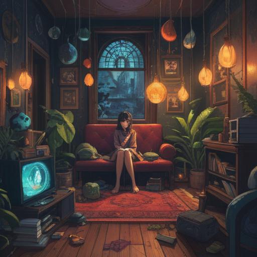 A surreal illustration representing spiritual struggle, a person sitting in a dimly lit room, surrounded by mirrors reflecting their inner thoughts, soft ethereal light filtering through, symbolizes a lack of self-motivation, intricate patterns in the background, a feeling of introspection, dreamlike atmosphere, contemplative mood, 4k