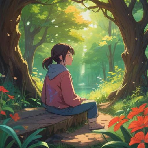 A serene illustration of a person sitting peacefully in nature, surrounded by gentle sunlight filtering through trees, vibrant flowers blooming around, soft expressions of relaxation and acceptance, ethereal elements like glowing orbs and delicate butterflies, conveying a sense of spiritual awakening and inner peace, colorful and uplifting atmosphere, harmonious connection with nature, 4k