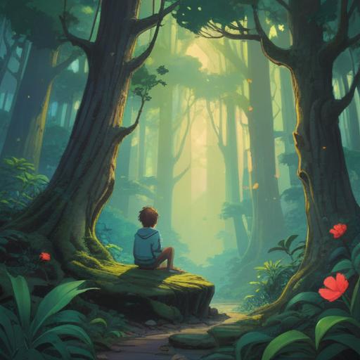 A serene and introspective scene, a person sitting alone in a tranquil forest, ethereal light filtering through the trees, gentle whispers of nature, symbols of spiritual signs like feathers and floating orbs, a sense of guidance and reflection, calming color palette, peaceful atmosphere, detailed foliage, 4k