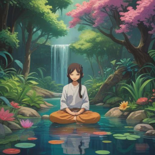 A serene scene depicting a person meditating in a tranquil garden, surrounded by blooming flowers and gentle flowing water, soft light filtering through trees, symbols of harmony and balance, calming atmosphere, nature elements reflecting tranquility, soothing colors, peaceful posture, 4k