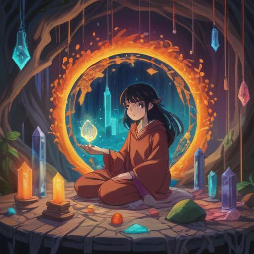 A serene illustration of a person surrounded by spiritual tools, healing crystals glowing softly, vibrant energy swirling around, a peaceful expression on their face, warm sunlight filtering through trees, lush green surroundings, ethereal atmosphere, uplifting energy, 4k