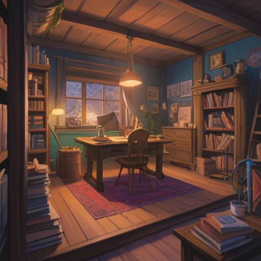 A cozy workspace filled with books and papers, neatly organized, warm lighting casting gentle shadows, a cup of tea on the desk, a notepad with bullet points, a computer screen displaying graphs and charts, inspiring atmosphere, sense of productivity and clarity, detailed background elements, inviting and focused environment
