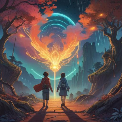 A mystical scene depicting a person meeting their doppelgänger, ethereal light illuminating the surroundings, symbols of spirituality in the air, an aura of caution and awareness, reflections in a serene lake, nature enveloping the scene, detailed expressions showcasing curiosity and contemplation, 4k