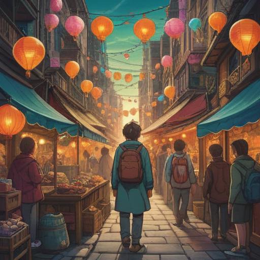 A whimsical illustration of a person standing at the edge of a crowded marketplace, surrounded by chaos, holding a small, glowing talisman, symbolizing change and good fortune, contrasting with the dull environment, vibrant colors, intricate details on the talisman, a sense of hope and positivity, serene expression on the person's face, sunlight breaking through the clouds, 4k